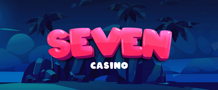 Seven Casino logo at night with palm trees and sta.